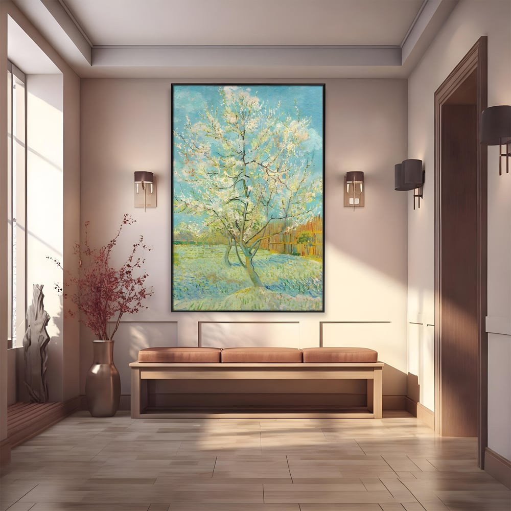 Tablou canvas cu pictura cu un copac inflorit primavara, in rama de aluminiu negru